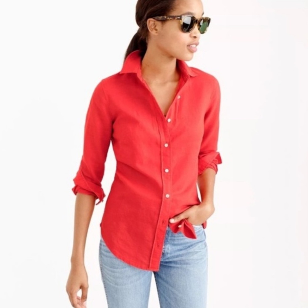 JCrew Linen Blend Perfect Shirt Size 2‎ Coral/Pink